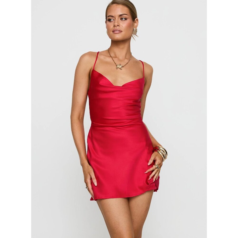 Princess Polly Celena Red Satin Mini Dress Size 2 Lace Up Back Fit & Flare Party